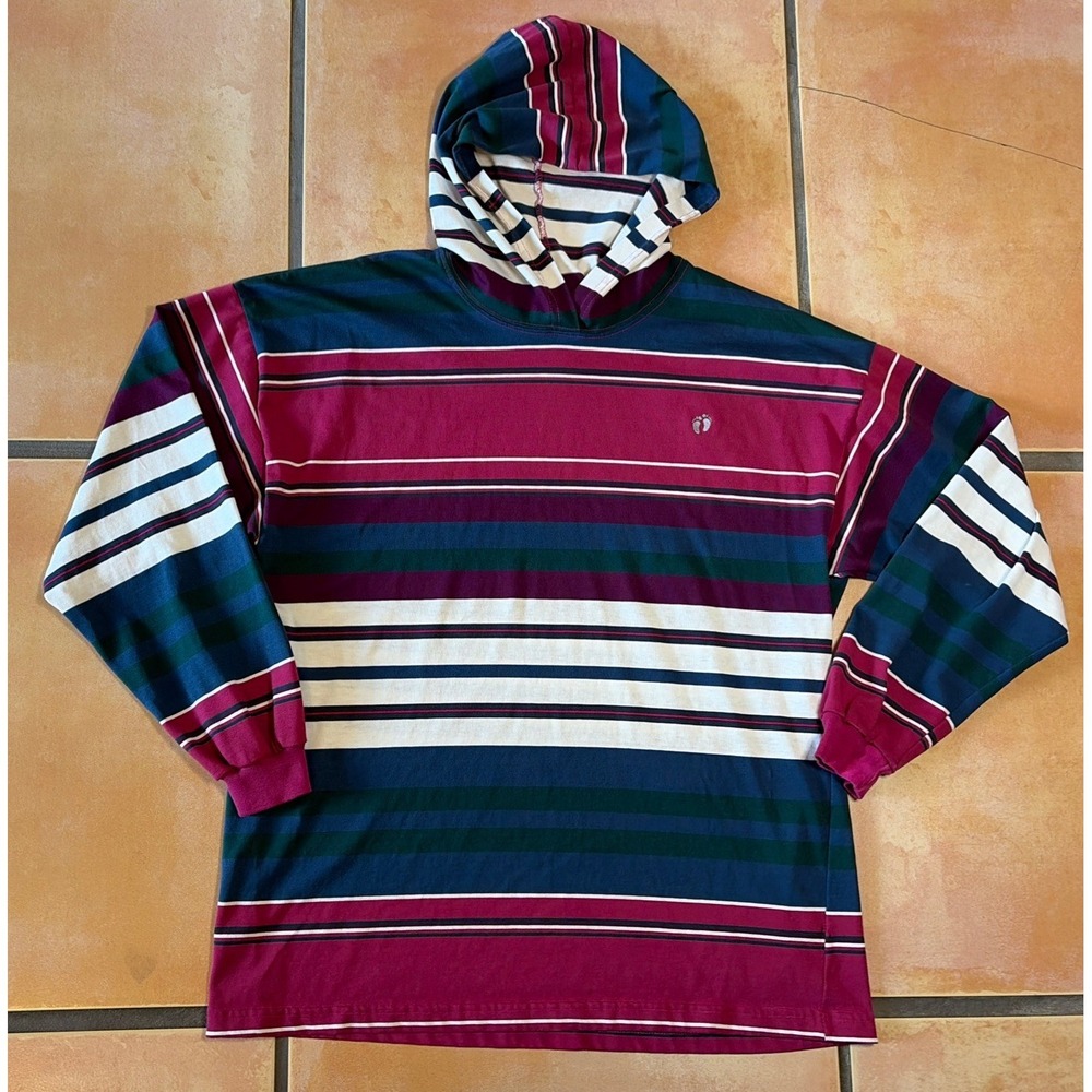 Vintage Hang Ten Hoodie Men Large Striped Fleece Sweater Pullover Surf Skate 80s